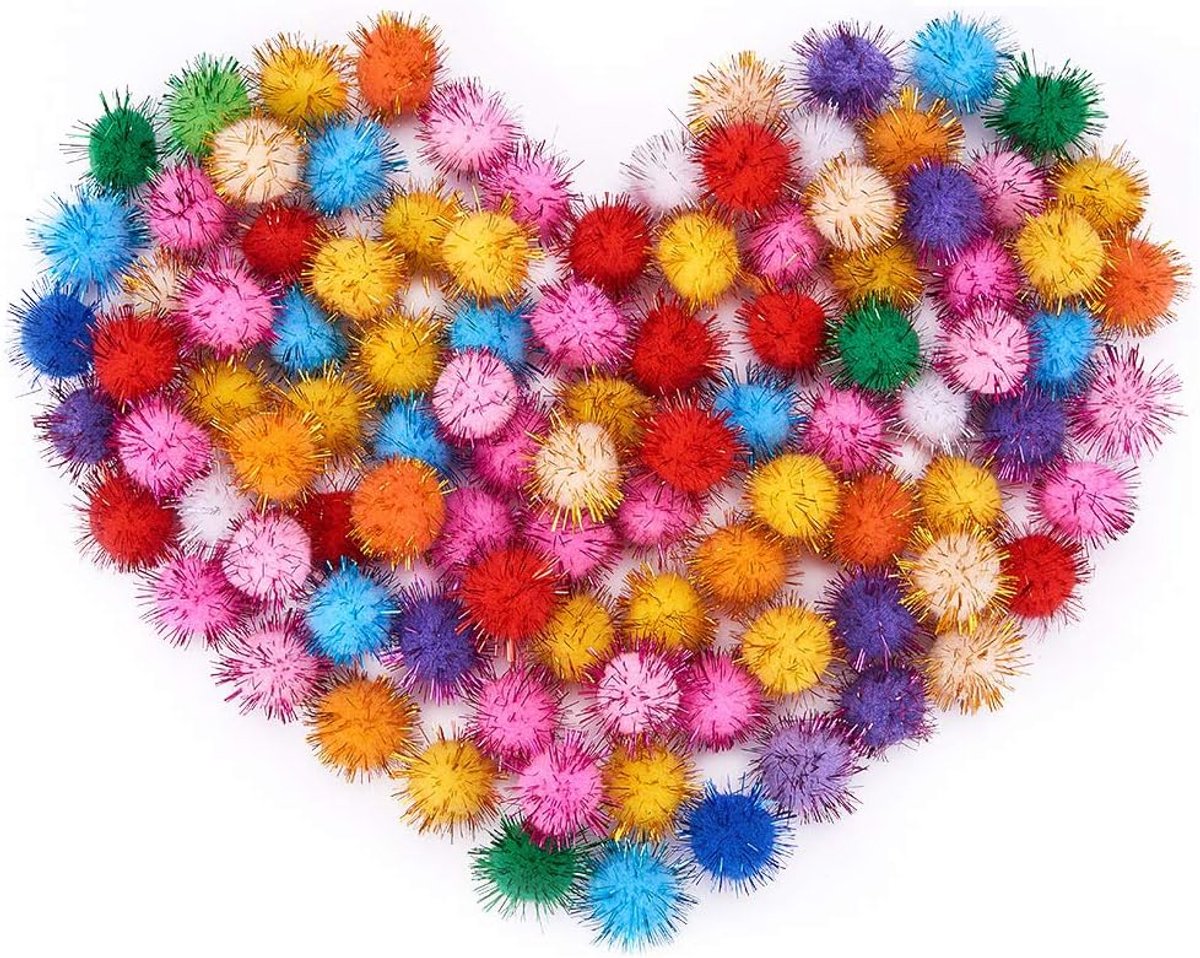PandaHall - 100 stuks 25 mm pailletten pompons, knutselen, pop, handwerk, pom-pop, garen, bal, kleurrijk, pailletten, glanzend, tinsel, pompom speelgoed met metalen koord, voor sieraden, handwerk