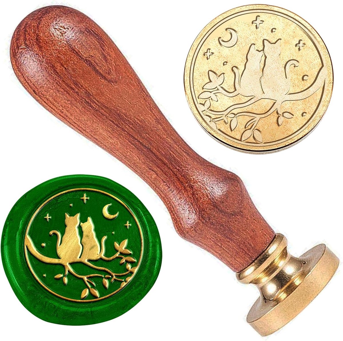 Zegelstempel met kattenwas, 25 mm, tak, messing kop, wasstempel, afneembare wasstempelkop met houten handvat, voor bruiloftsuitnodigingen, cadeauverpakkingen, enveloppen, wijnpakketdecoratie
