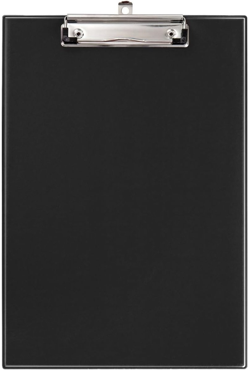 - schrijfplaat DIN A4 van PVC met speciale klem, zwart | 230 x 340 mm, doorzichtige hoes, ophangoog, met karton versterkt, speciale klem met een klembreedte van 10 cm