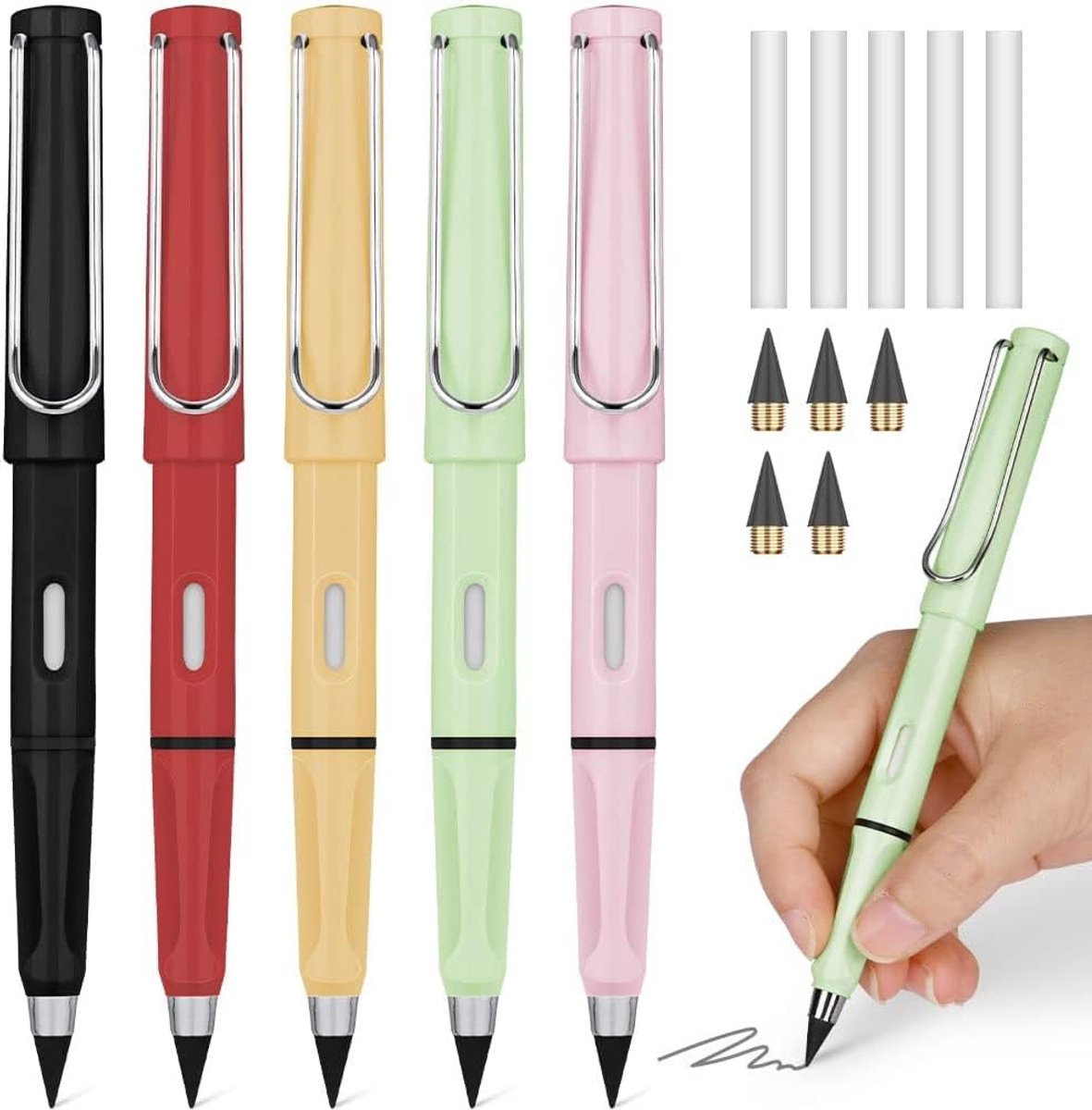 Metalen Inktloze Potloden, 5 Stuks Inktloos Potlood Met Gum, Magisch Potlood Met 5 Stuks Verwisselbare Koppen, Helder En Vloeiend Schrijven Voor Volwassenen, Studenten, Kunstenaars (Enkele Kleur)