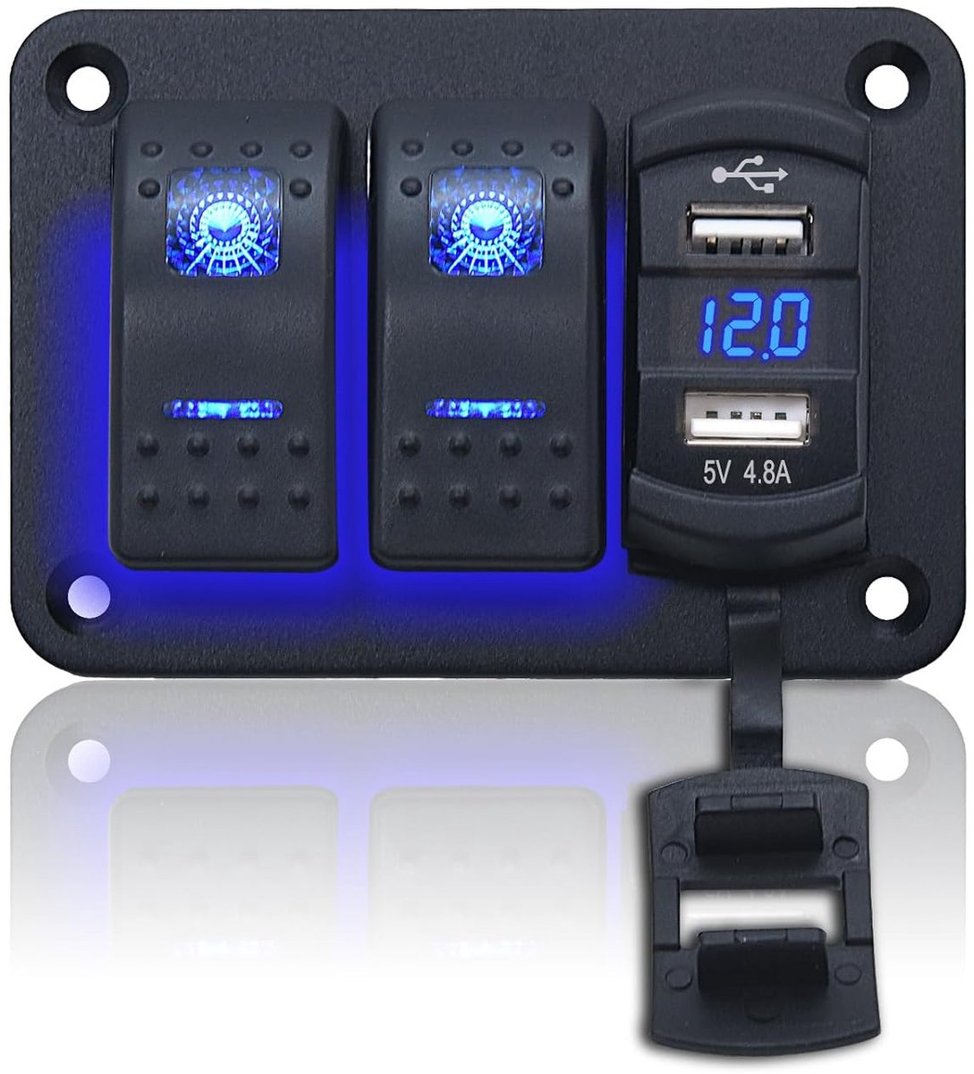 2 versnellingen, waterdicht, tuimelschakelaar, 12 V/24 V, marineblauw, schakelaar met 4,8 A, dual-USB, led, voltmeter, tuimelschakelaar voor auto, boot, vrachtwagen, camper