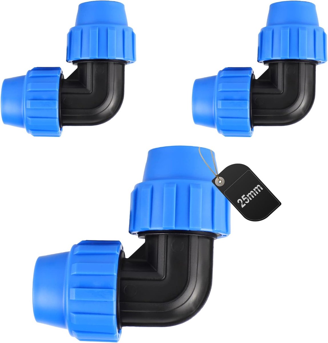 PP-fitting schroefverbinding voor PE-buis 25mm PE-buis schroefverbinding hoek 90° kunststof PP-koppeling blauw, 3 stuks