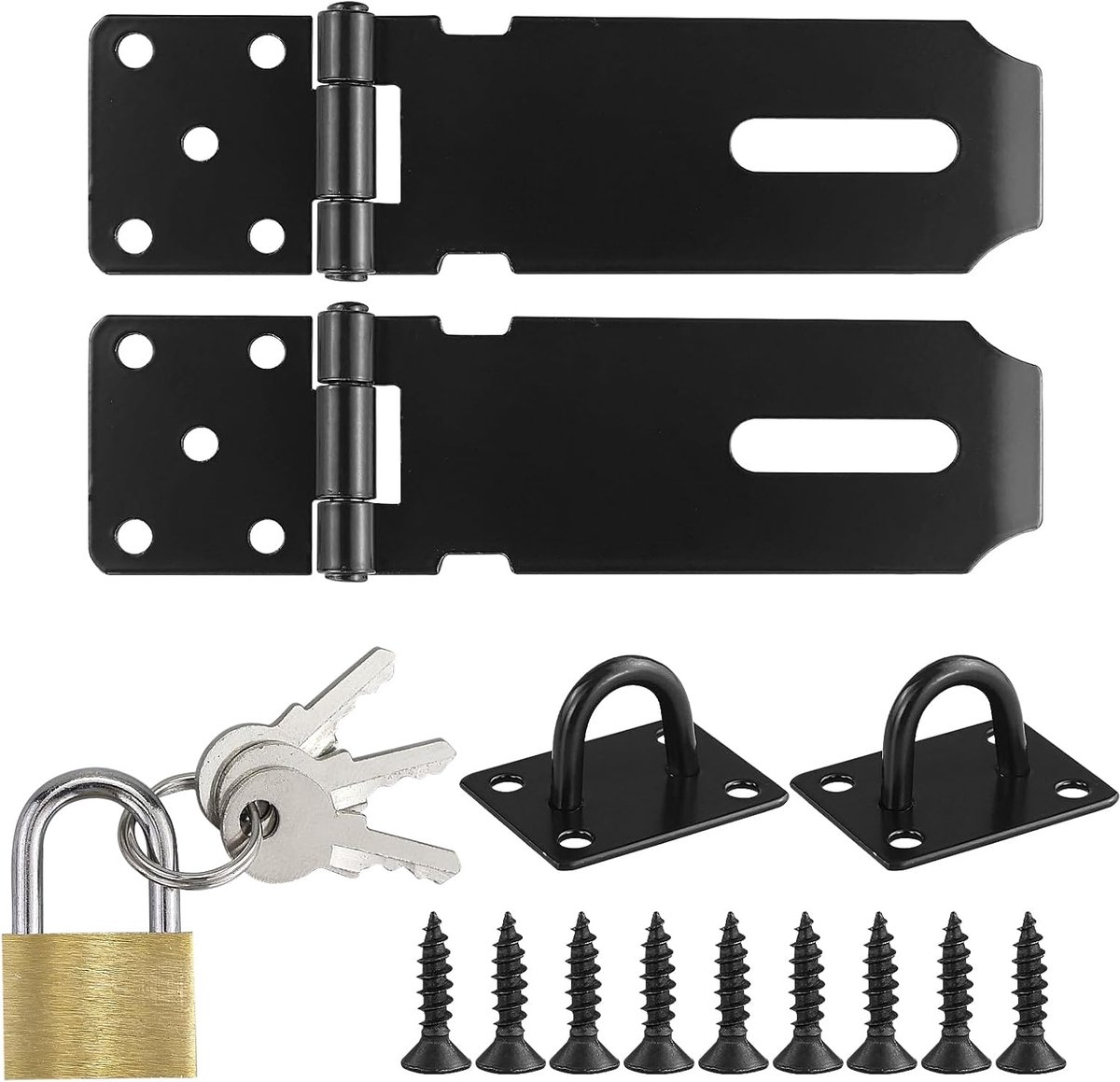 2 sets hangslot hasp, veiligheidsoverval, roestvrij stalen deurslot, 10 cm (4 inch) poortslot haak met schroeven, zeer geschikt voor kluisje, met 1 slot van imitatie messing