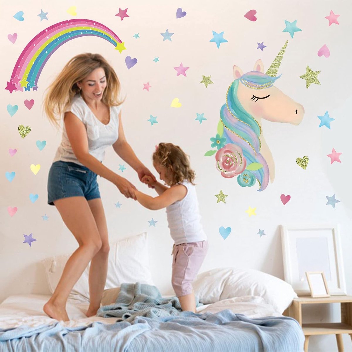 Muurstickers Kinderkamer Lichtgevende, Regenboog Muurtattoo Decoratieve Fluorescentie Zelfklevend, Sterren Stickers Glow in the Dark, Deco Stickers voor Meisjes/Jongens Slaapkamer Babykamers