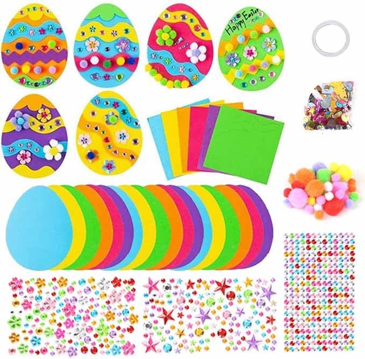 Knutselen voor kinderen, doe-het-zelf paasdecoratie, knutselset, paas-stickers, raamafbeeldingen, haas, eieren, vorm, knutselaccessoires, knutselmateriaal, set (C)