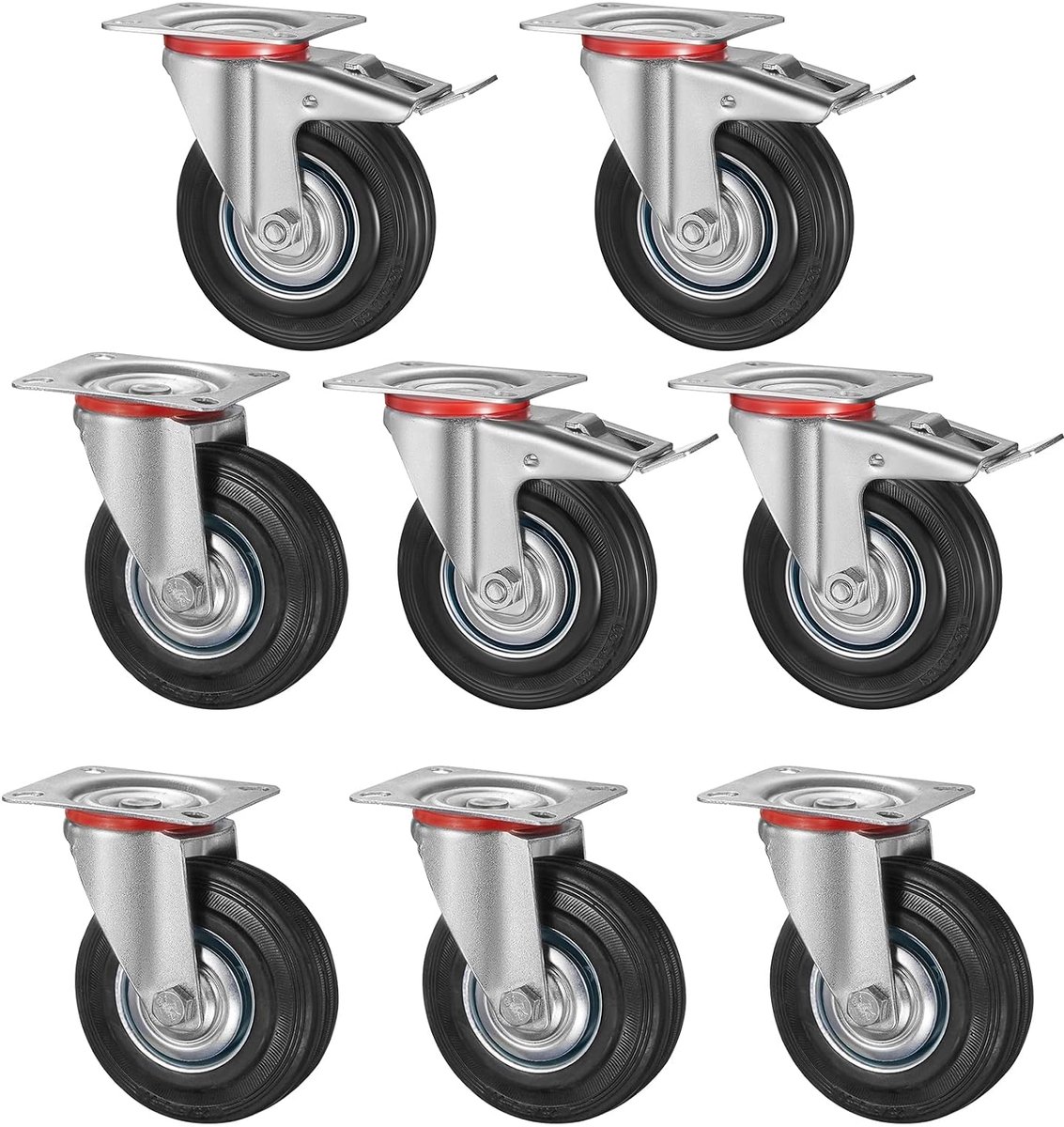 Zwenkwielen, 200 mm, transportwielen met rem tot 650 kg, palletwielen, wielen voor meubels, 360 graden draaibaar, geen geluid (4 remwielen, 4 zwenkwielen)