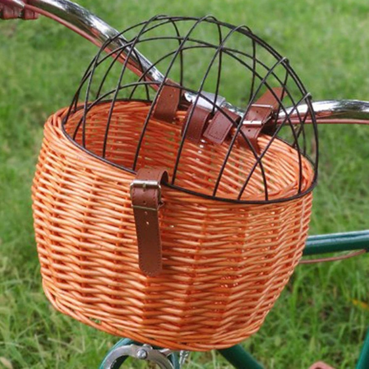Fiets Pet Mand, Rieten Fietsmand voor Kleine Honden Katten Huisdier Carrier Voormand met Wire Mesh Cover (Honey kleur)