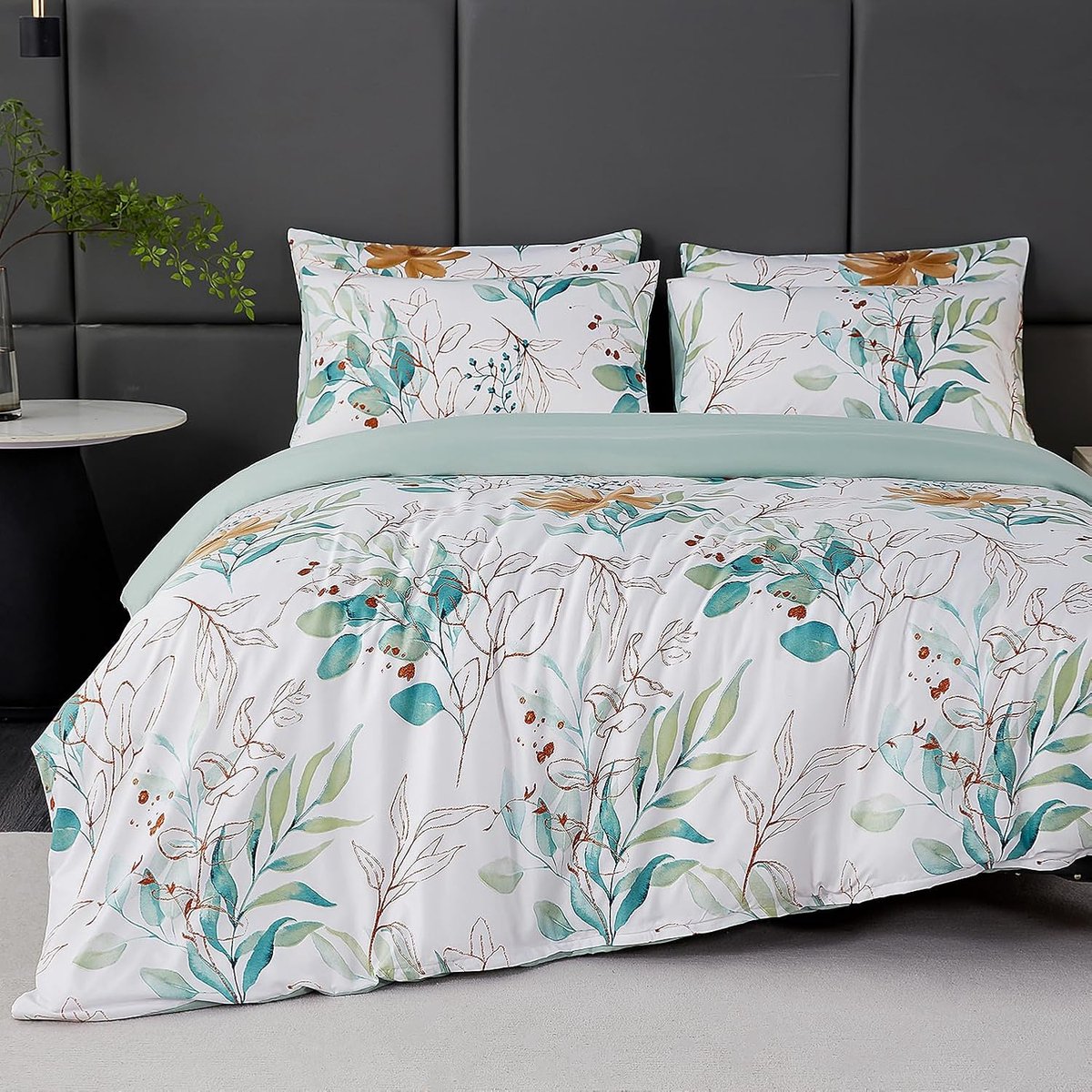 Bloemen beddengoed set met groen eucalyptusblad patroon, 1 x dekbedovertrek 220 x 240 cm met 2 x kussenslopen 80 x 80 cm en ritssluiting, zachte 100% microvezel beddengoed modern, wit groen