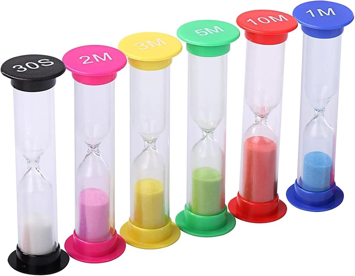 6 stuks kleurrijke zandlopers, timer, zandloperset, kleurrijke zandloper, 30 s/1 min/2 minuten/3 minuten/5 minuten/10 minuten, geschikt voor wassen, spelletjes, sport, keuken enz.