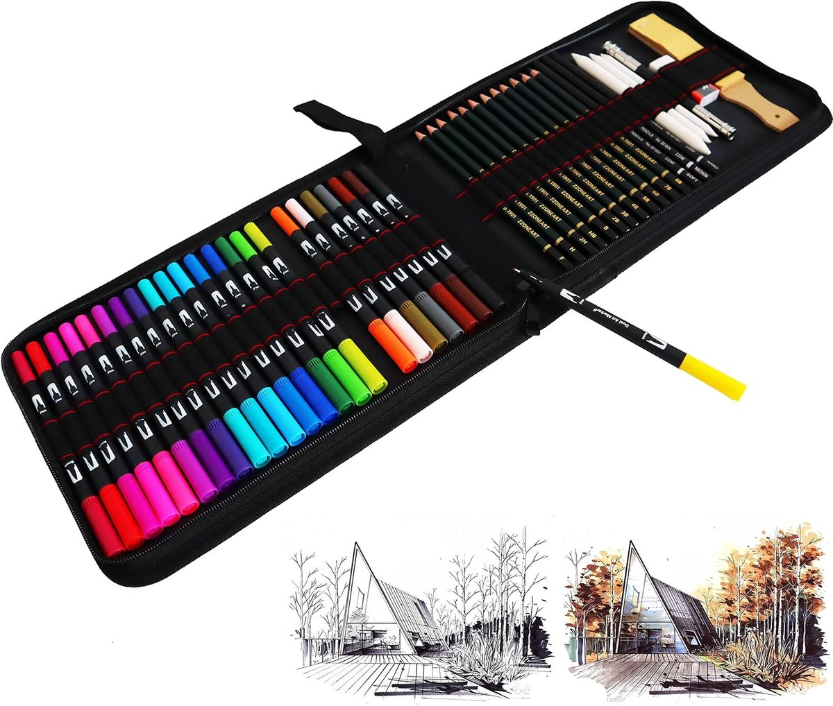 Dual Tip Pennen en Tekenpotlood Set, 47 Stuks Art Set met kleurpennen Vilt Tip Art Markers Fineliner Pennen, Tekengereedschap voor kleuren, schetsen en tekenen