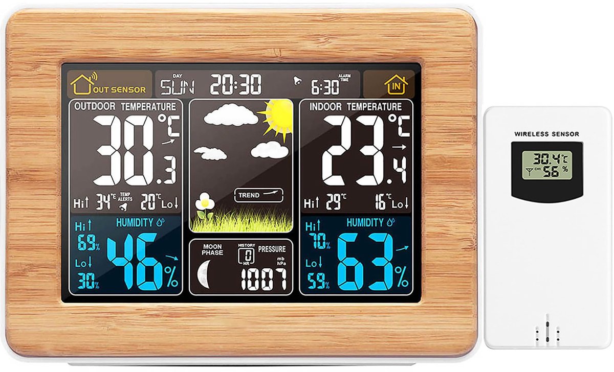 longziming -Draadloos Weerstation met Buitensensor – Digitale Thermometer Hygrometer met LCD Kleurendisplay – Weervoorspelling, Luchtdruk, Klok, Datum, Wekker en Maanfase – Binnen en Buiten Temperatuurmeter