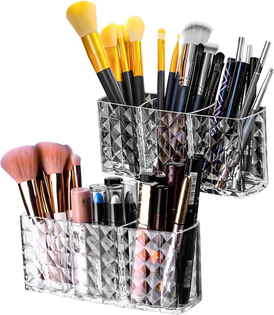 SnelShoppen - Makeup Organizer met 3 Compartimenten, Transparante Acryl Brush Organizer voor Make-up Borstels, Eyeliners en Lipstick - Elegant en Prak
