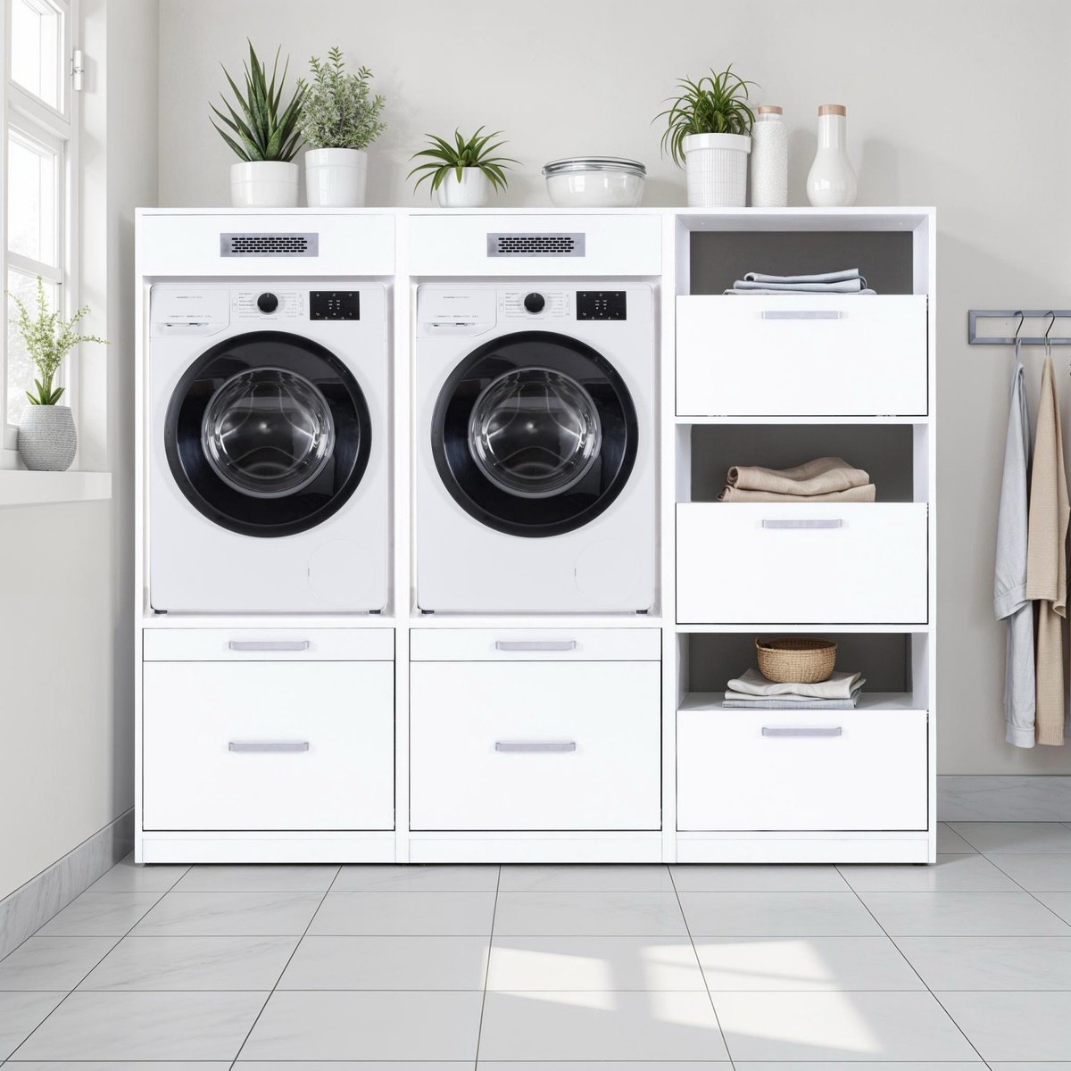 Interlink Lifestyle Studio Flow wasruimtecombinatie Bundel 1 wit - Complete wasruimte met 3 elementen - 2 wasmachinekasten en wasmandkast - Softclose - 201 x 68 x 164 cm