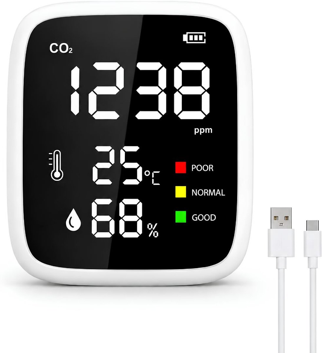 Lìon® CO2-meter - Luchtkwaliteitsmeter - Voor Thuis, Kantoor & School - Zwart/Wit - 12cm x 7cm x 3cm