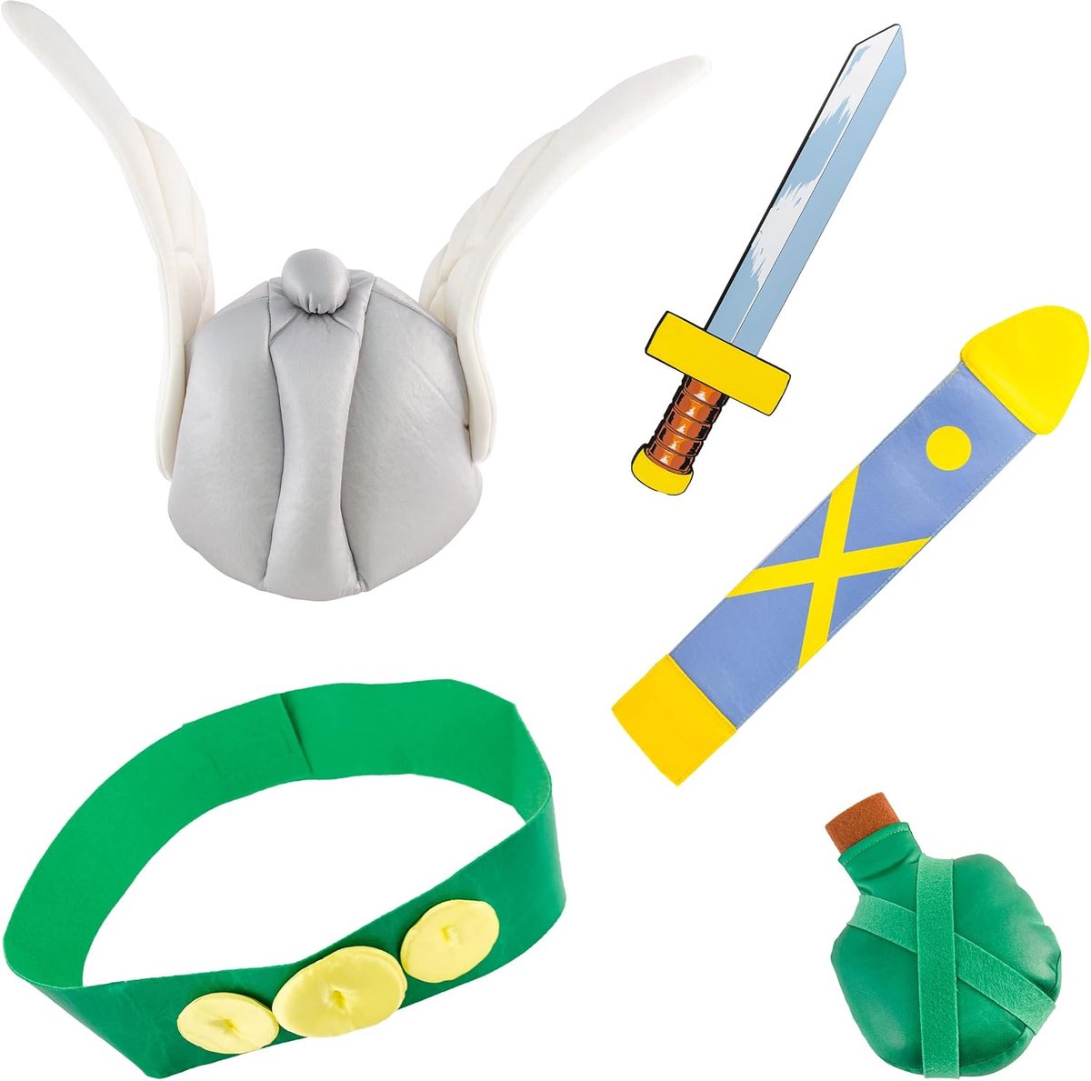 - Asterix-kostuumaccessoires voor kinderen, Gallische accessoires | Officieel Asterix-outfit, 5-delige set met helm, zwaard, riem, schede en fles met toverdrank