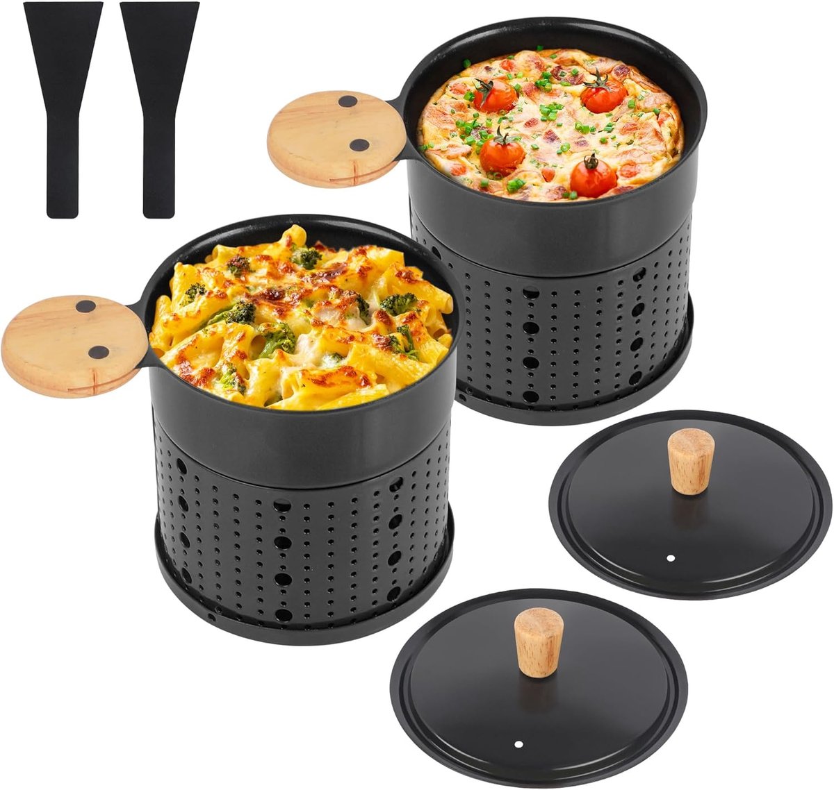 ipow Set van 2 Raclette-apparaat met antiaanbaklaag, individuele raclette voor snelle fusie, draadloos, voor smeltkaas, chocolade, gebakken ei, op tafel, tuin, camping, 2 schepjes