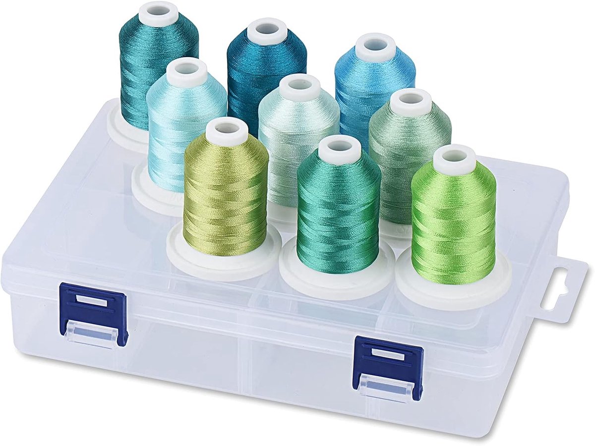 Borduurgaren met opbergdoos - 12 opties - 800 yards/spoelen, 9 turquoise en mintgroene kleuren voor borduur- en naaimachine