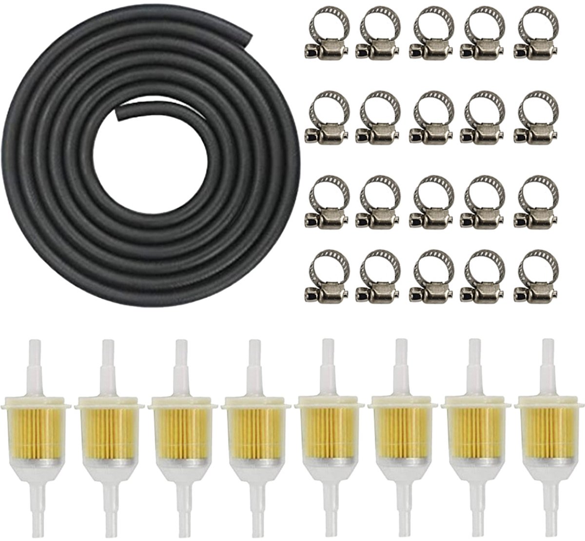8x Benzinefilter 10 cm - Complete benzine brandstof filter set met 8 filters - 2 meter brandstofslang en 20 verstelbare slangklemmen - Voor motorfiets, scooter, auto en kleine motoren. Helpt brandstof schoon te houden en lekkage te verminderen.