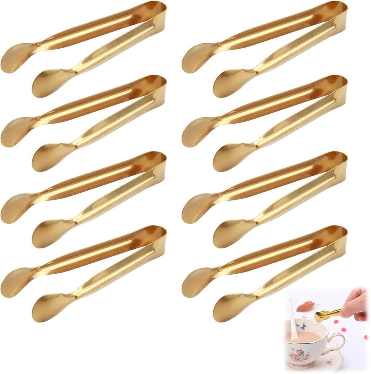 Set van 8 roestvrijstalen ijsblokjestangen, mini-aperitief tangen, suikertang voor ijs, mini, perfect voor bars, bruiloften, feesten, keukens, buffetgrill