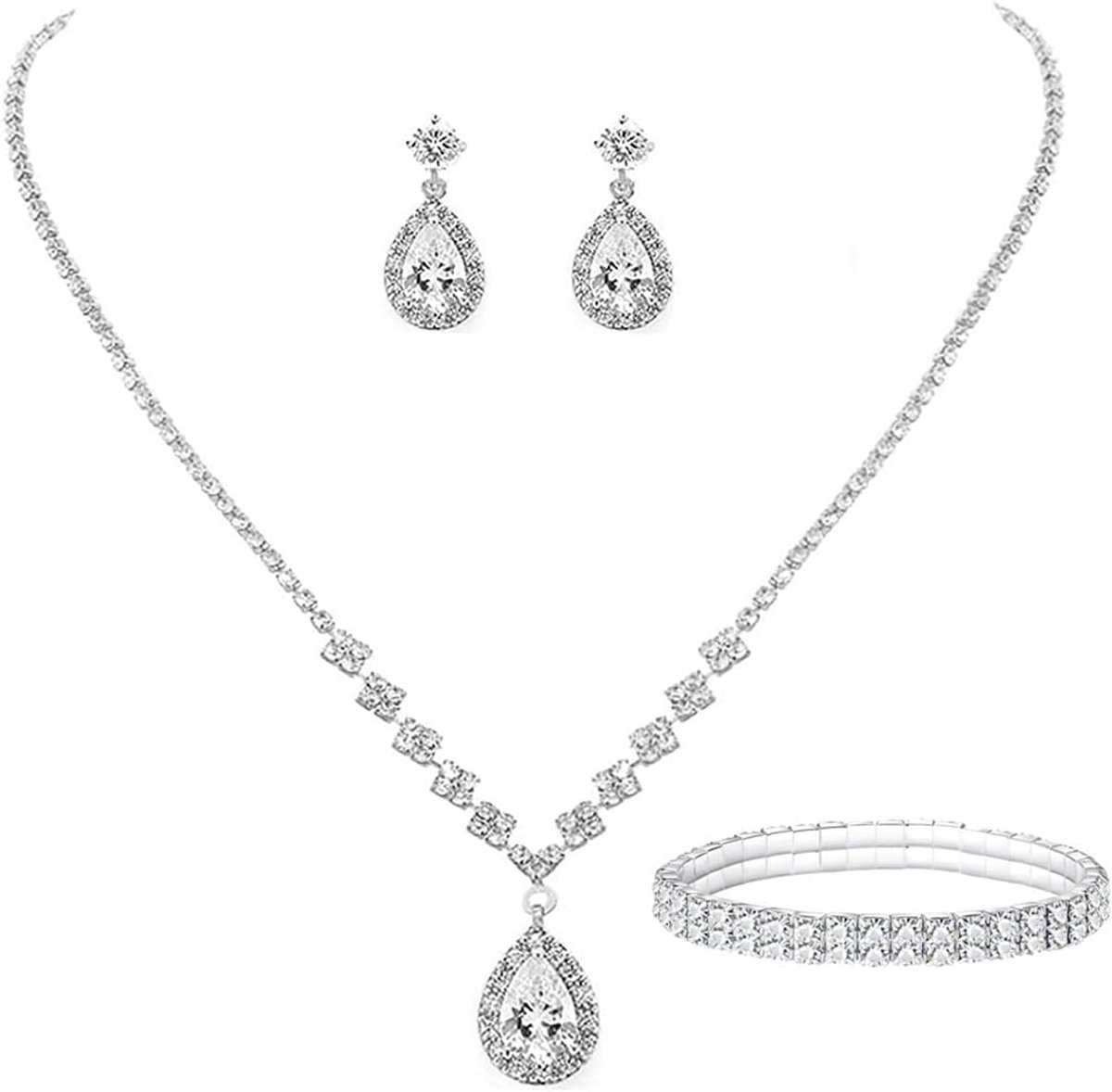 Bruidssieradenset voor dames, rhinestone-kristallen ketting, armband en tranendruppel-oorbellen, cadeau voor bruidsmeisjes of als trouwjurkaccessoire