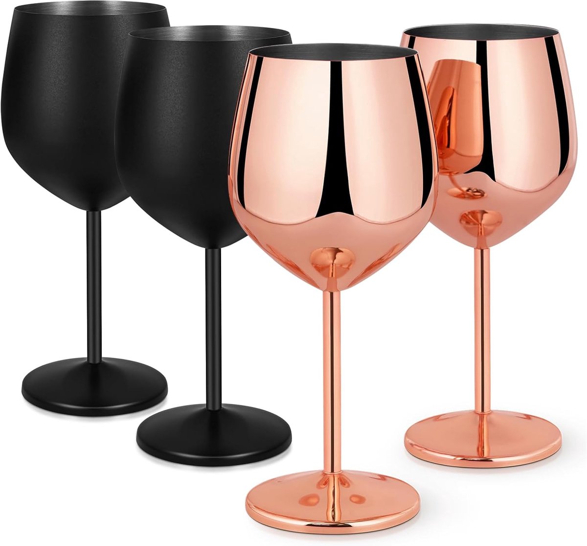 Wijnglazen Set, 550 ml 18 Oz roestvrijstalen wijnglazen, champagneglazen, grote wijnglazen met brede buik, cocktailglazen met steel, wijnglazenset voor cocktails, mat zwart en roségoud (4