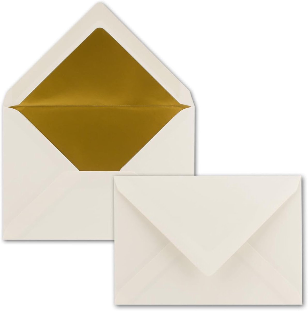Enveloppen in natuurlijk wit, 100 stuks, formaat C6 (114 x 162 mm), 11,4 x 16,2 cm, natte plakrand, mat oppervlak en goud-metallic voering, zonder venster, voor uitnodigingen
