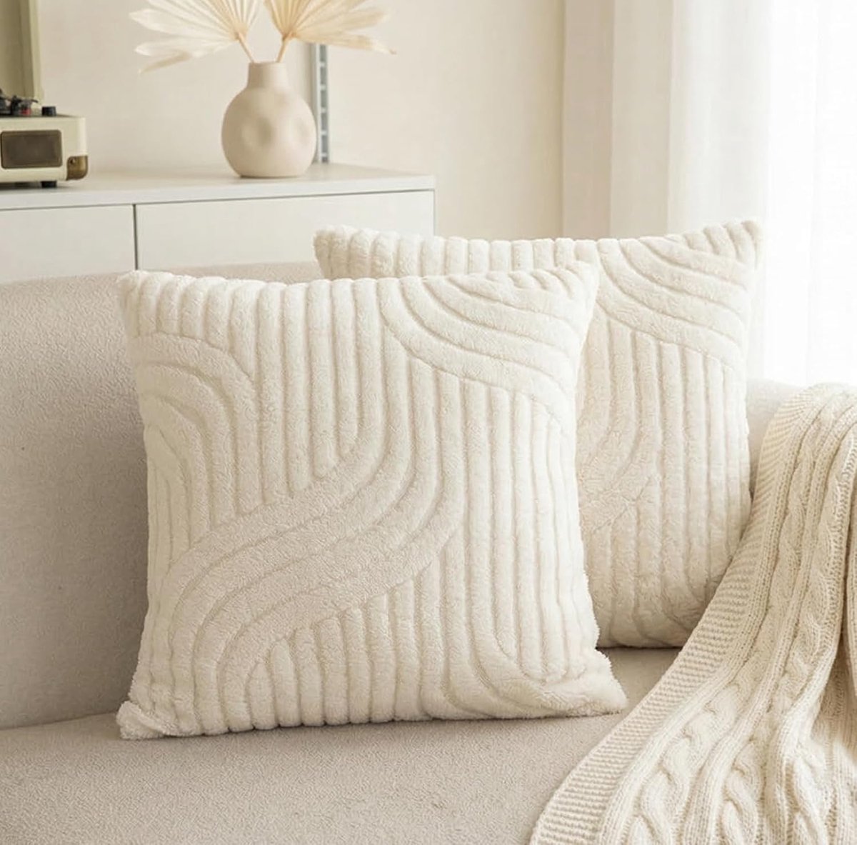 Kussenslopen set van 2 - 45 x 45 cm - beige koraalbont - pluche strepen - comfortabel decoratief - SnelShoppen
