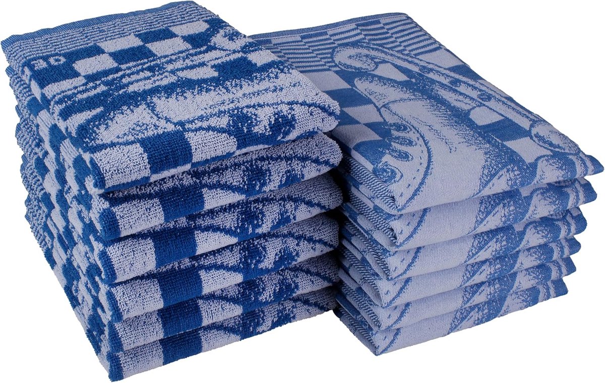 Keuken- en theedoeken set 12 stuks - 100% katoen - blauw met schaatsen - ideaal voor afdryffen - SnelShoppen