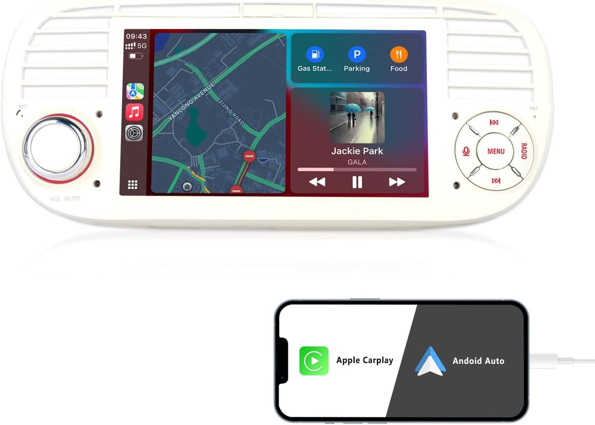 Audio Voor Fiat 500 Upgrade Systeem Hi-Fi Geluid met Draadloze CarPlay/Android Auto Plug-and-Play Autoradio Fiat 500 voor 2007-2015 Modellen Afgestemd RDS/AM/FM/USB BT 5.0 Subw EQ SWC