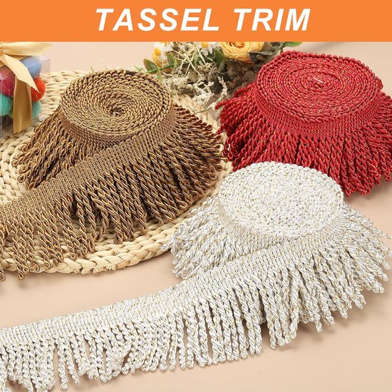 Kwasten franje trim, 12,5 m x 7,5 cm stoffen trim versieringen franjes voor naaien DIY handwerk gordijnen kussen lampenkappen sofa kleding rood — afbeelding 3