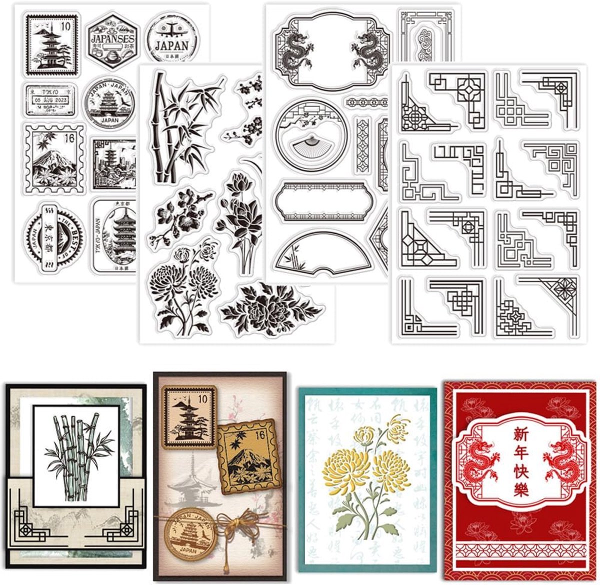 4 Vellen Japans Label Poststempel Clear Stempels voor Kaarten Maken Planten Bloemen Siliconen Clear Stempel Seals Hoek Frame Transparante Stempels voor DIY Scrapbooking Tijdschriften