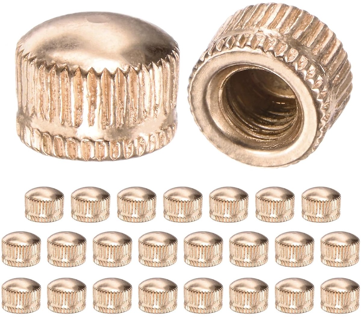 METERXITY 25 stuks eikelschroefdraadmoeren, schroefdoppen M6 x 11 mm voor kroonluchters, gekartelde moer voor vervangende plafondlamp/lamponderdelen [goudkleur]