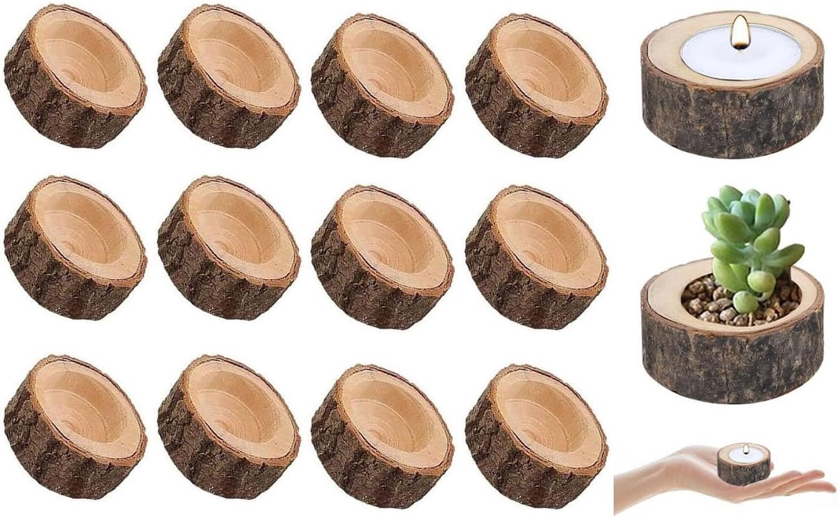12 stuks houten theelichtkaarsenhouders set, 2,5 x 6 cm natuurlijk hout votiefhouders voor bruiloften, Kerstmis en woondecoratie - rustieke theelichtkaarsen display voor feesten, verjaardagen