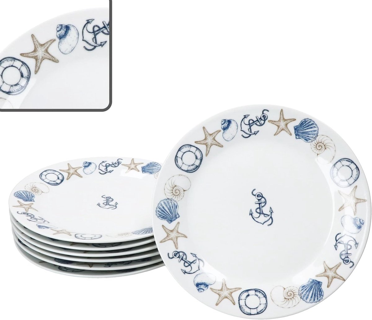Taartborden, porseleinen ontbijtborden met maritieme motieven, anker, schelp & co voor 6 personen, kleine borden voor salade, dessert, fingerfood enz.