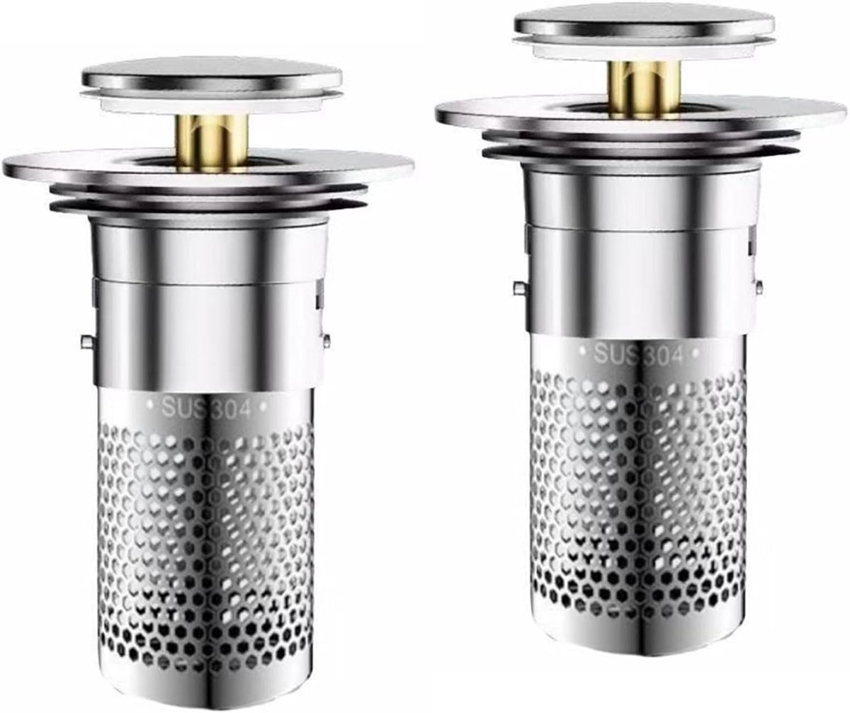 2 stuks wastafelstoppen voor 34-40 mm afvoer, afvoerstop wastafel met haarzeef, universele pop-up afvoerzeef, douche, snel afvoerend, afvoerstop voor opzetwastafel