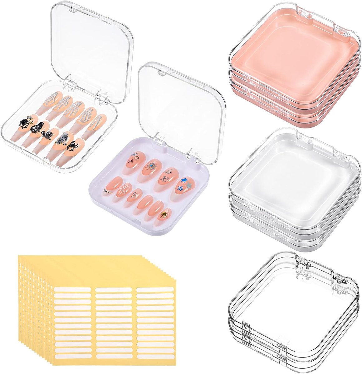 6 stuks Press-on nagelverpakkingsdozen, Press-on nagelopbergdoos met 36 stuks zelfklevende dubbelzijdige tape voor nepnagels opbergkoffer salonbenodigdheden nagels kunst bedrijf (helder en roze)