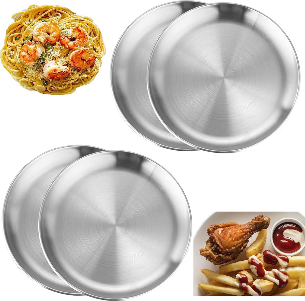 4 roestvrij stalen ronde servies, roestvrijstalen borden voor camping, 20 cm rond servies, barbecue plaat