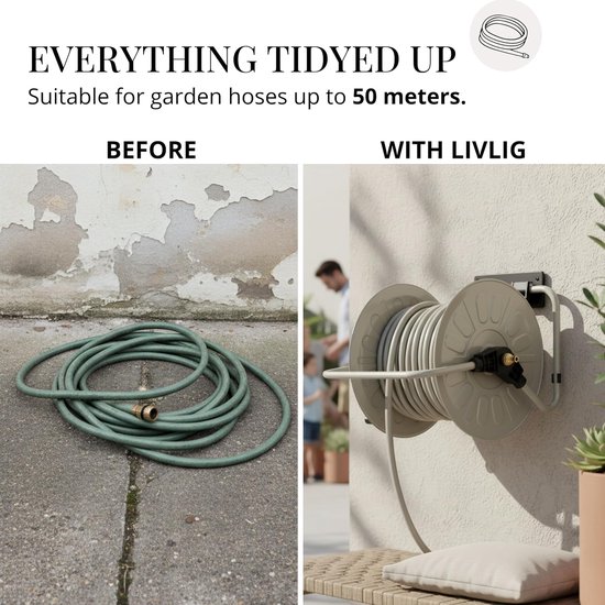 LIVLIG slanghaspel van metaal, gepoedercoate tuinslangtrommel, Made in Italy, slanghouder tot 50 m tuinslang, wandmontage en vloerbediening, greige — afbeelding 2