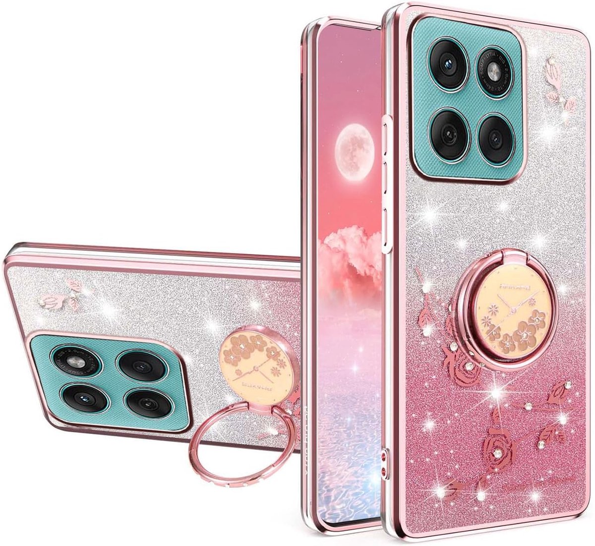Bling Hoesje voor Motorola Moto G86 5G, Ultradunne Glanzende Pailletten Bloem Houder Meisjes Dames Geval, Sprankelende Transparante TPU Schokbestendige Hoes. Roze