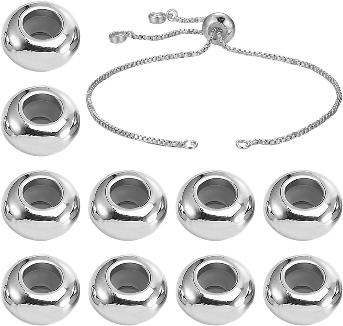 10 stuks Charms Stoppers voor armband met rubberen clip, roestvrijstalen stopper charms voor kralenarmband hangers, spacers (zilver)
