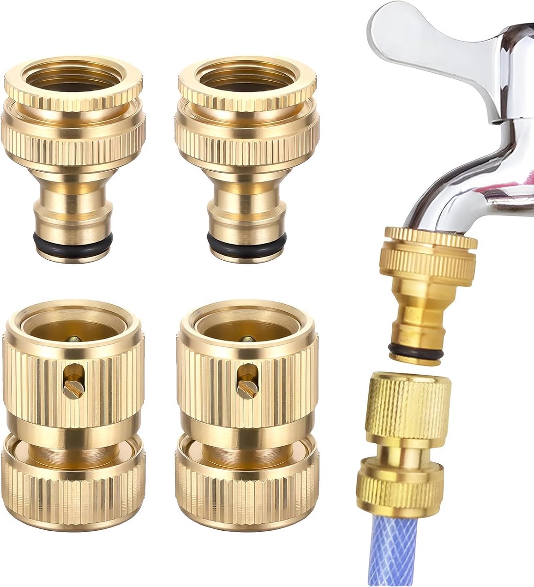 Set van 2 paar slangaansluiting van messing, 2-in-1 snelkoppeling van messing, tuinkraanaansluiting 3/4 inch, universele adapter voor kraan, keuken, tuin, buiten