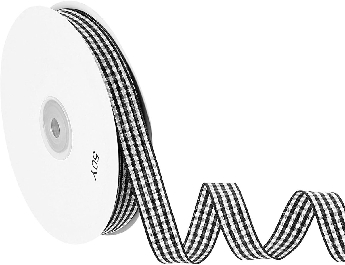 50 Yard x 5/8 Inch Gingham Lint, Plaid Lint Nylon Geruit Geschenkverpakking Strip voor Thanksgiving Strik Krans Craft Verjaardag Bruiloft, Zwart