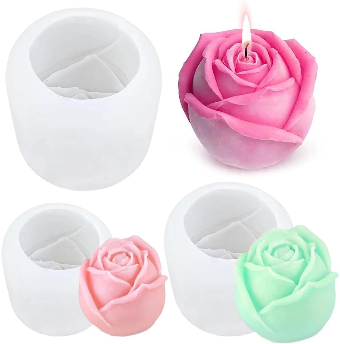 kaarsvorm van siliconen, 3 stuks gietvormen, siliconen bloemen, 3D ijsblokjesvorm, rozenbloesem, zeepvorm voor geurkaarsen, zeep, chocolade, Kerstmis, taartdecoratie