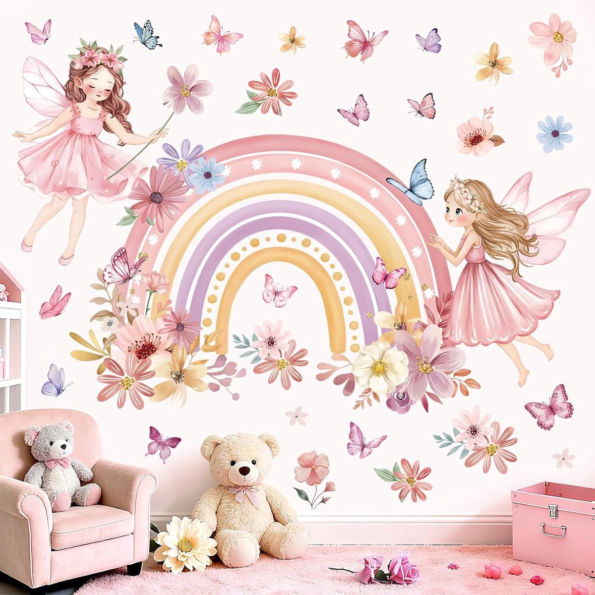 Muurstickers Sprookjesachtige Bloemen Vlinder Schil en Plak Muurkunst Decals voor Baby Kinderkamer Meisjes Slaapkamer