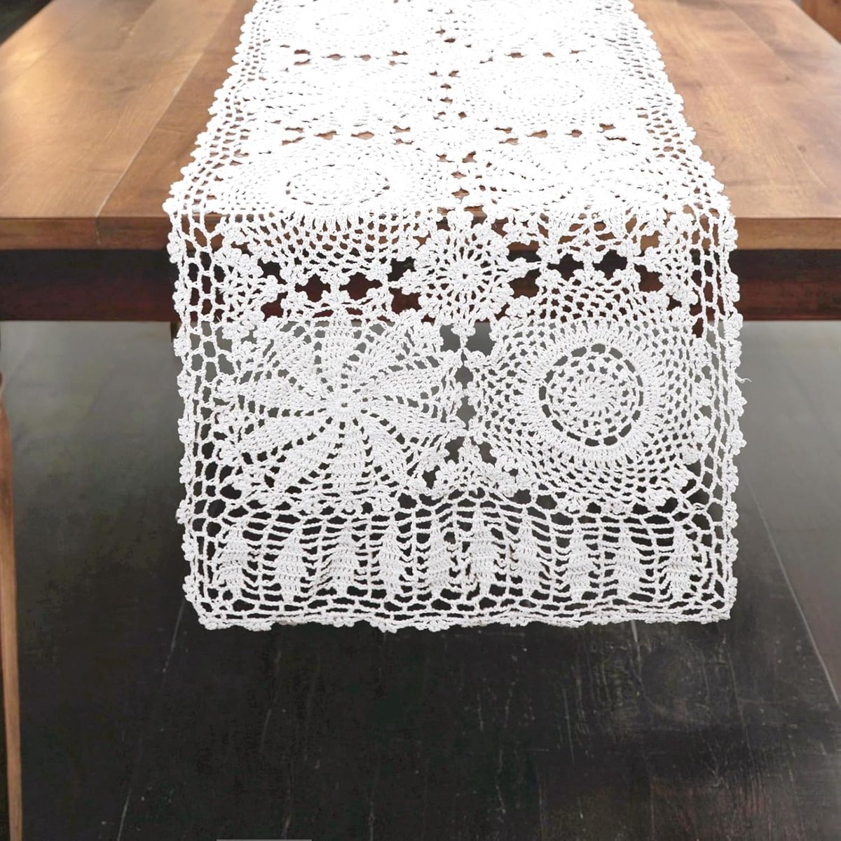 kilofly Handgemaakte gehaakte katoenen rechthoekige tafelloper, 38 x 109 cm, wit