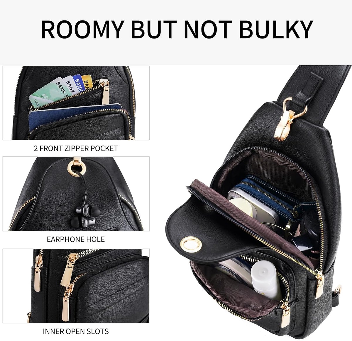 Crossbody borsttas voor dames, klein, leer, sling bag, crossbag, schoudertas voor reizen, zwart