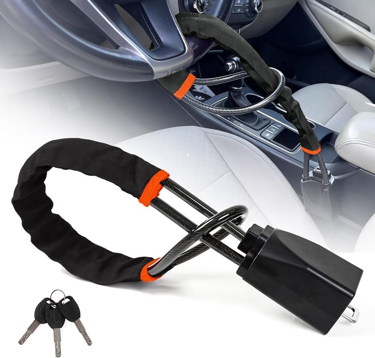 KZQ Universele stuurwielklem voor auto en camper - Dikke stalen kabel met 3 beveiligingssleutels - Antidiefstal immobiliser voor extra veiligheid - Zwart