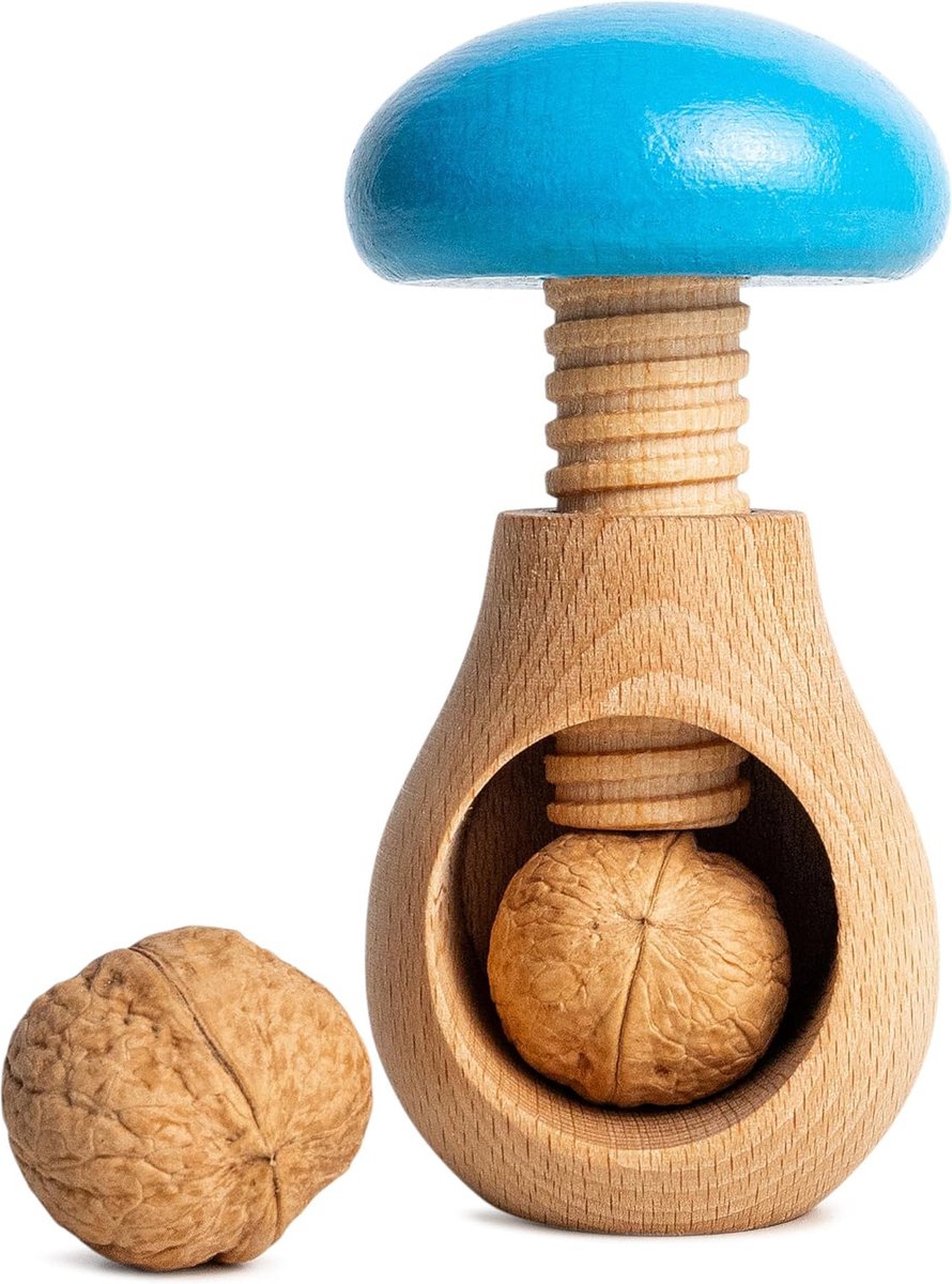 Home Notenkraker Hout | 10 x 6 cm | Blauw | Natuurlijk beukenhout, Paddenstoelvormig, met schroefmechanisme, Schroefdraad, Solide & Handige Notenkraker Paddenstoel