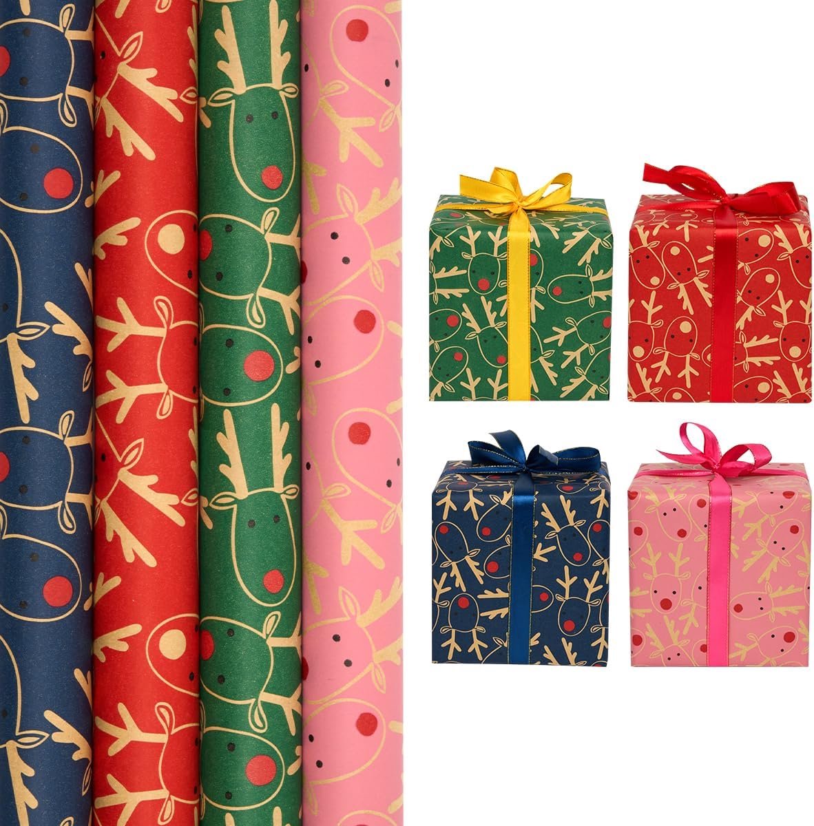 Cadeaupapier: Kerst cadeaupapier rol recyclebaar papier feestelijk elandontwerp - 4 rollen 43 cm x 3 m