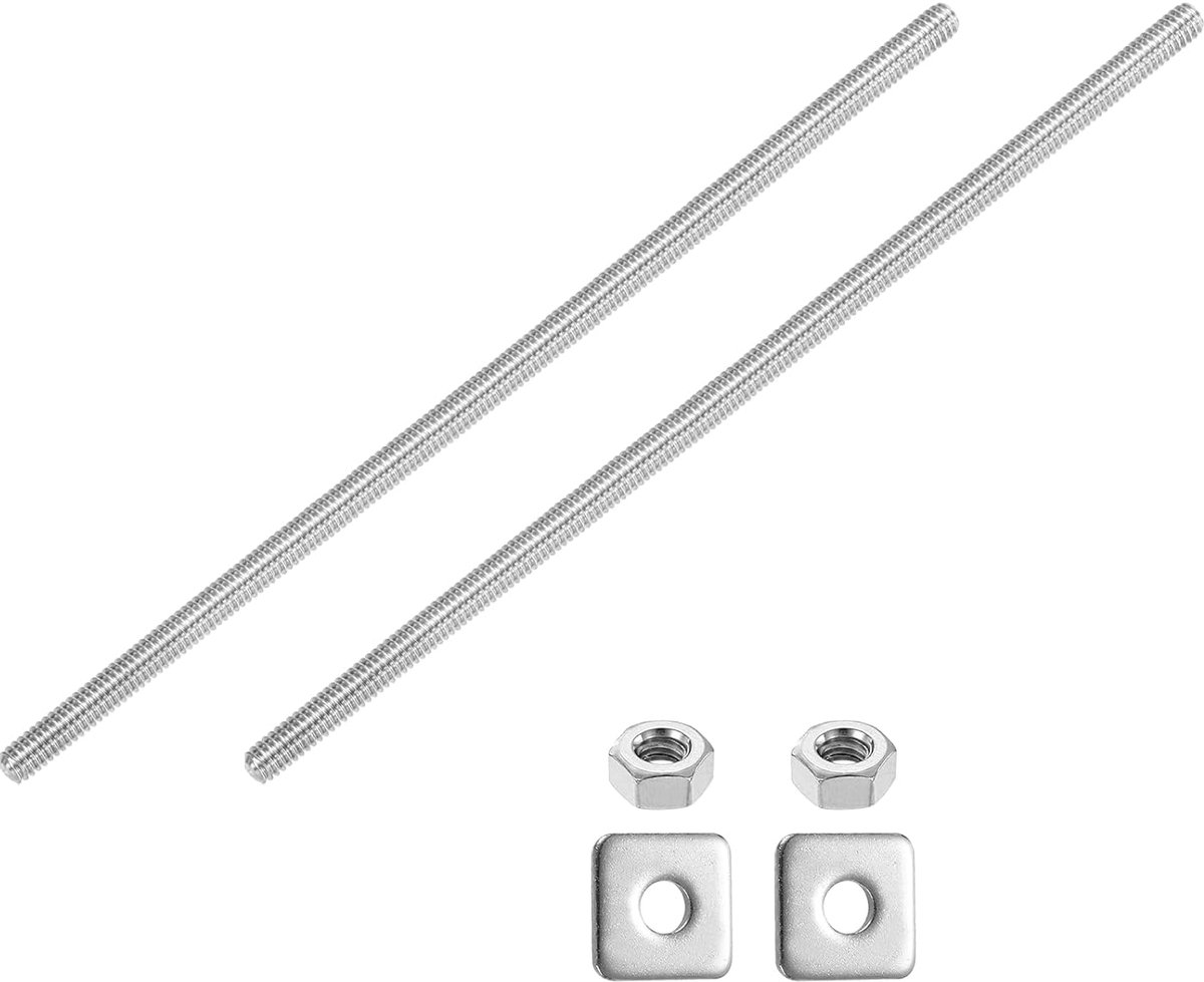 2 stuks 1/4"-20 UNC volledige schroefdraadstang 304 roestvrij staal lange schroefdraadschroef 200 mm lengte rechtse schroefdraad met vierkante onderlegringen voor meubelmontage bevestiging